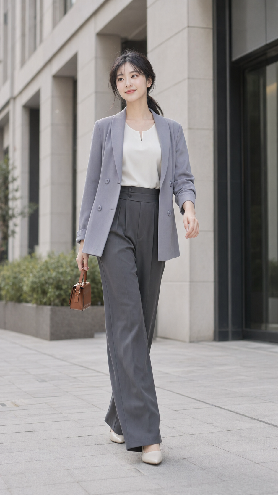 EP001 假胯寬修飾公式：模特穿著挺感直筒落地西裝褲、V 領上衣與深色西裝外套，示範通勤顯瘦比例。
