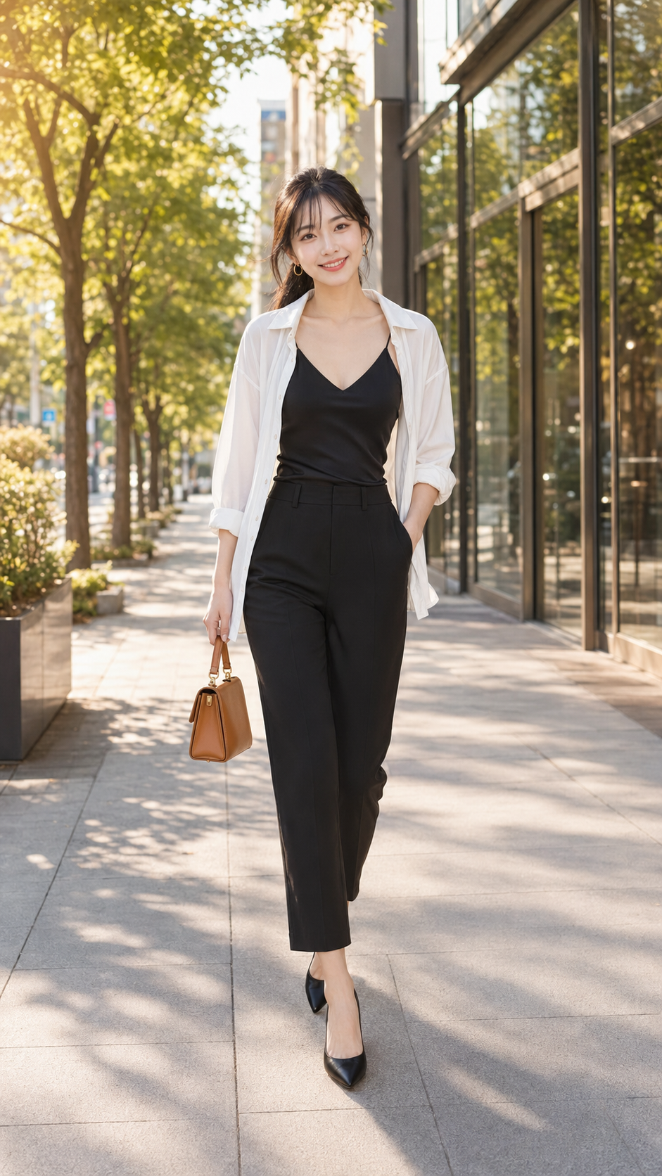 本集推薦單品：彈性雙門襟防爆釦白襯衫，一件搞定解扣、紮入、內搭三種氣場穿法。