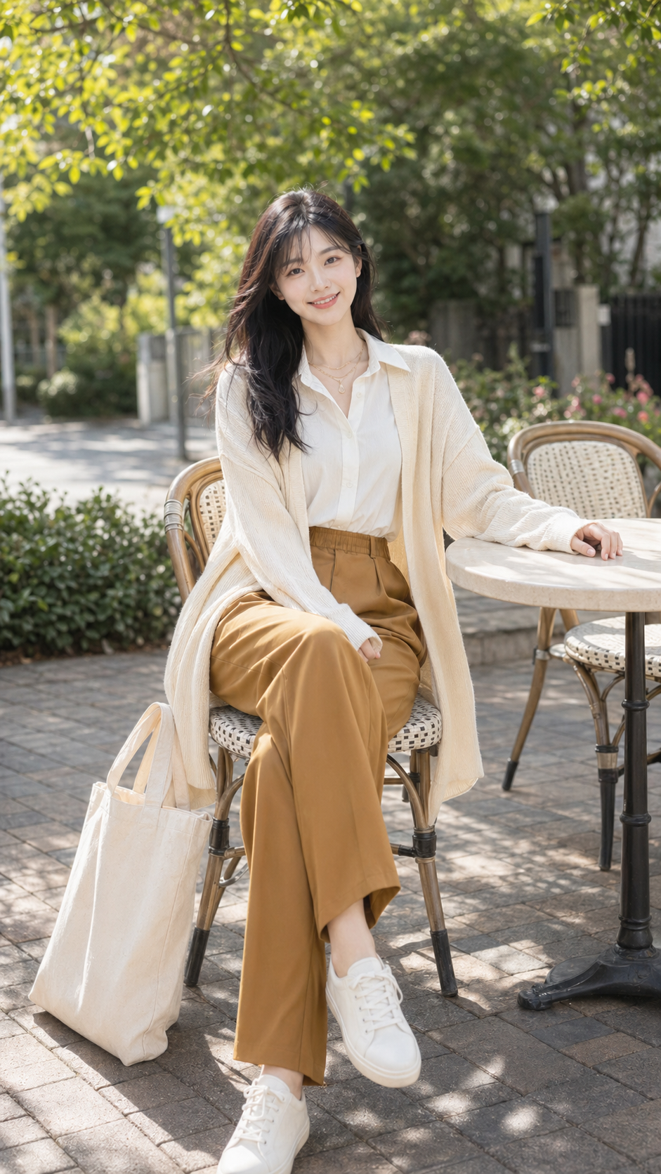 Look 02 紮入比例翻轉：白襯衫紮入土黃高腰闊腿褲，搭配杏色開襟長版針織外套。