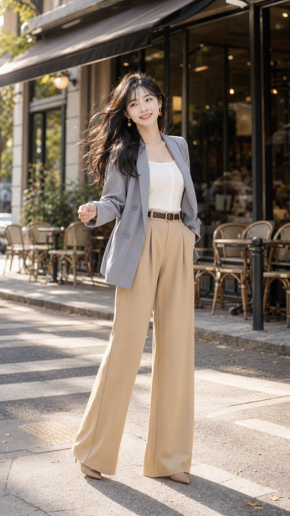 Look 02 霧藍絲瓜領西裝外套 open front 搭配 cream 落地寬褲與白色方領坑條背心。