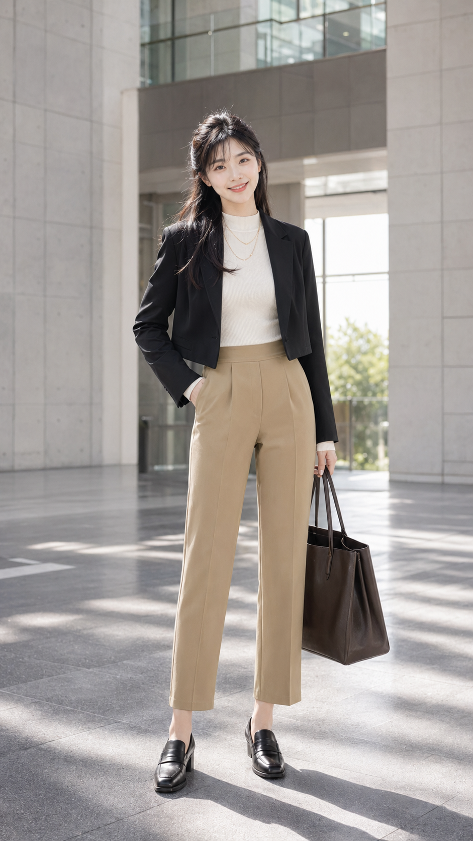 Look 03 深色短版收腰西裝外套搭配卡其高腰直筒九分褲與象牙白高領內搭。